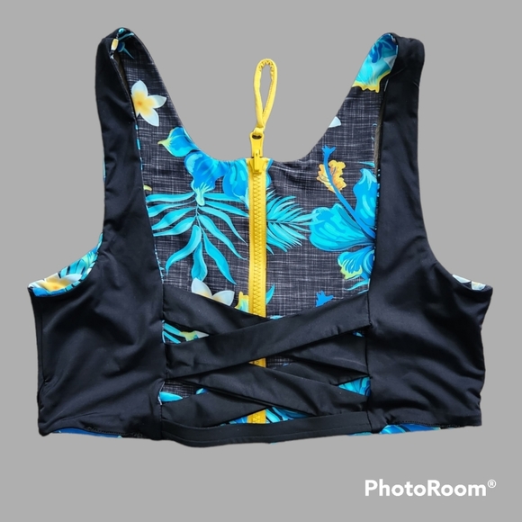 NWOT Wave Life Blossom Blue/Black Reversible Zip Front Bikini Top - Picture 7 of 11